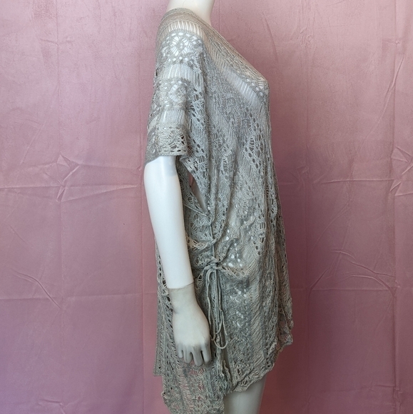 Light Gray Crochet Knit Drawstring Sides V Neck Swim Beach Cover Up One Size - Picture 4 of 6